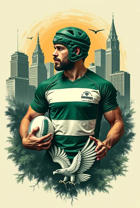  Create me 1 image for me Mock-up T-shirt.  Style bootleg shirt .  Must have Philadelphia city ,  Rugby helmet , ball ,  eagle bird symbol . And male players. Tone color is predominantly green and white . 