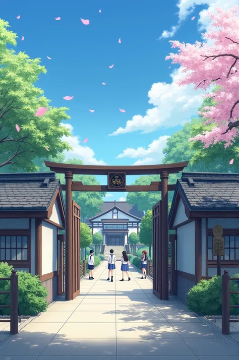 Create an image of a Japanese school and the school gate open in front