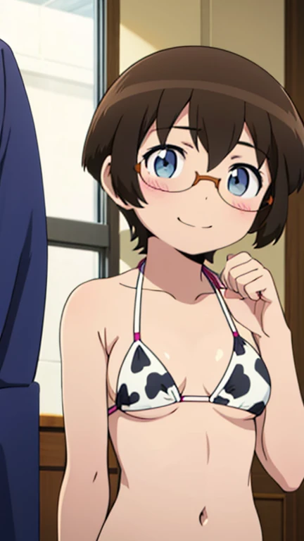 A girl, alone, dark brown hair, short hair, glasses, sonrisa, cow print bikini 