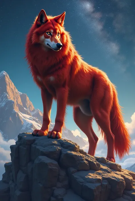 Red-haired wolf ,  with intricate details, Large and impressive , who perceives reality . Standing on a ,  peak with a constellation in the background