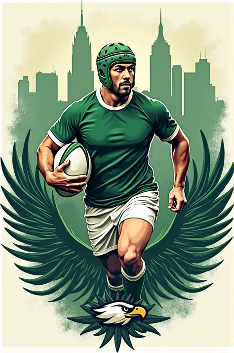  Create me 1 image for me Mock-up T-shirt.  Style bootleg shirt .  Must have Philadelphia city ,  Rugby helmet , ball ,  eagle bird symbol .  And 1 male player .  Tone color is predominantly green and white  