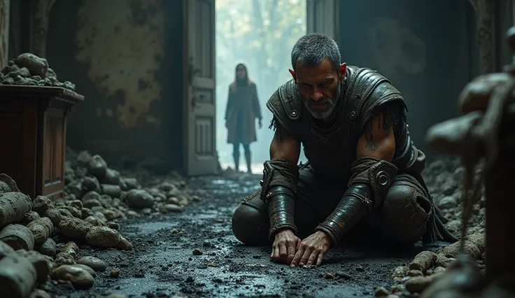 Jon Bernthal with a RANGER:  The devastating scene shows Endon ,  a creaking half-elf with short hair and a thinning beard ,  with a face inspired by actor Jon Bernthal ,  kneeling in a room completely .  The ground is blackened and corroded by acid ,  exu...