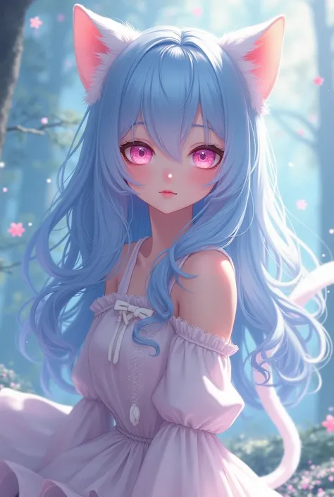 beautiful girl with long wavy light blue hair with pink eyes wearing cute outfit with white cat ears and tail , adorable , methwa 