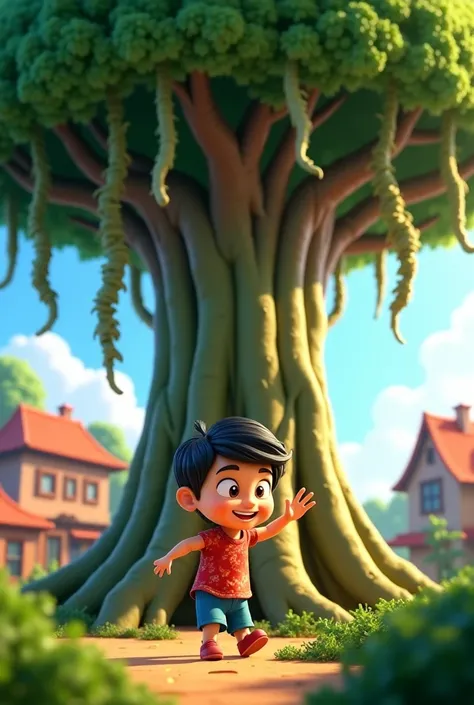 In cinematic 3d cartoon style, in a village under big banaya tree ren playing with hanging roots of banaya tree happily 