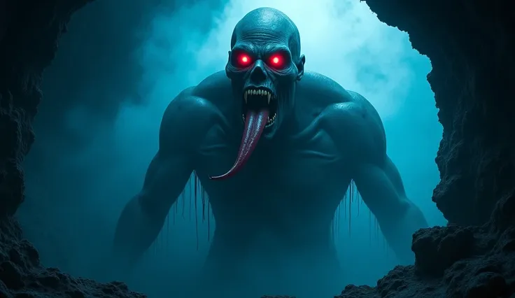 extraordinary masterpiece, the ghost of a giant man with a scary face, bright red eyes, long tongue, sharp teeth, is in a dark cave with thick blue smoke, creating a scary, horror, scary, nighttime atmosphere