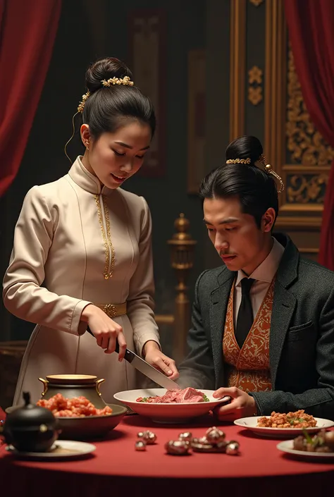 A women slice meet near the man like the king eating hot pot