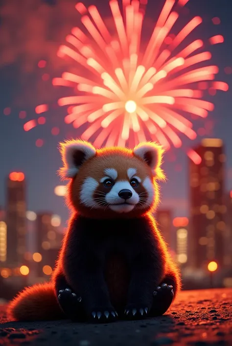  sitting on burning fireworks ，A cute furry panda ，flying in the air， Background is a high-rise building in Port Victoria， Night sky filled with brilliant fireworks ， written in fluorescent red at the top 2025  ， realistic style 