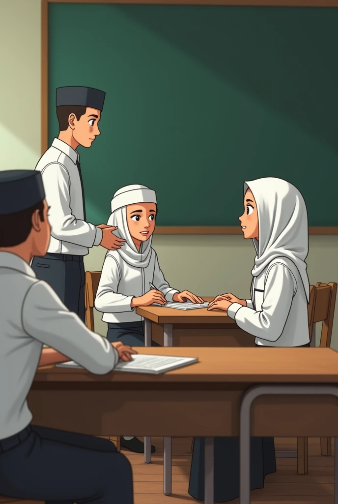 Character: Dhila  dan Ustadz Amir.  Ustadz Amir are about 18 years old men with oval faces ,   wearing white clothes ,  black trousers and black peci .
background:  Boarding school classrooms with long wooden desks and blackboards . Dhila  ( a cheerful gir...