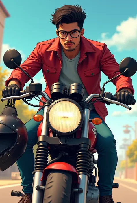 19 year old indian guy...on bike... with black specs...in red jacket.. wearing biker gloves...with helmet on handle...dark wheatish complexion..anime style