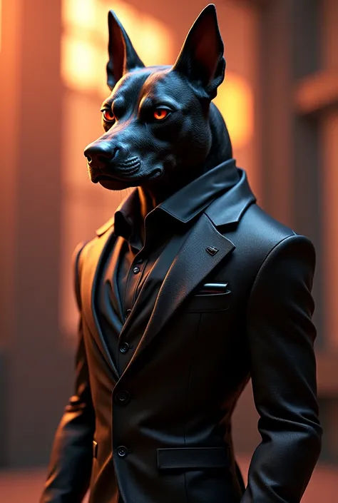 black crazy dog ​​with white details, mafia style, with a designer suit, mafia expression, tattooed, 3d pixar style, soft light, hdr, intricate details