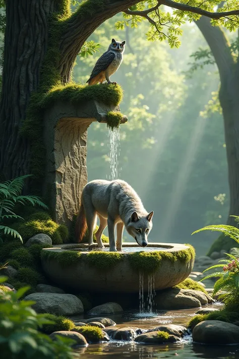 Une fontaine naturelle en pierre couverte de mousse dans les bois avec un loup gris majestueux qui bois dedans et un hibou dans un arbre au-dessus de lui.