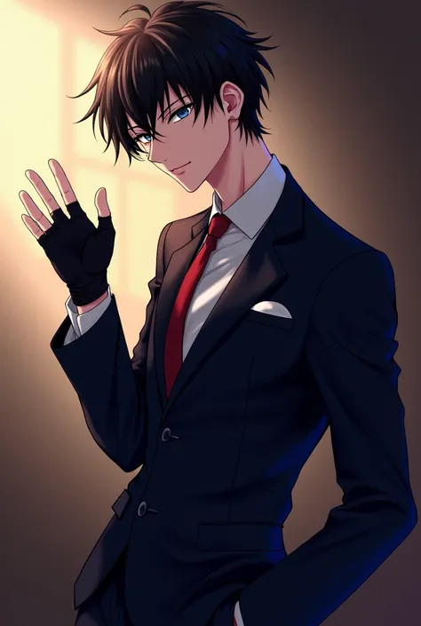 An anime man, handsome face, comma hair, highly detailed eyes, aesthetics body, wearing semi formal outfit, posing, fingerless gloves