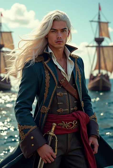 A handsome young pirate prince with long white hair 