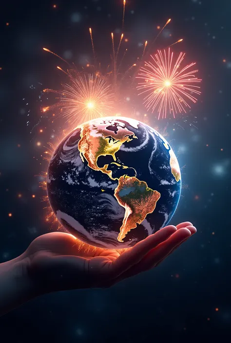  Create an ultra-realistic and detailed 4K image of planet Earth as seen from space ,  showing all the continents illuminated by spectacular fireworks in celebration of the New Year. The space sky must be starry ,  with an aurora borealis visible in some r...