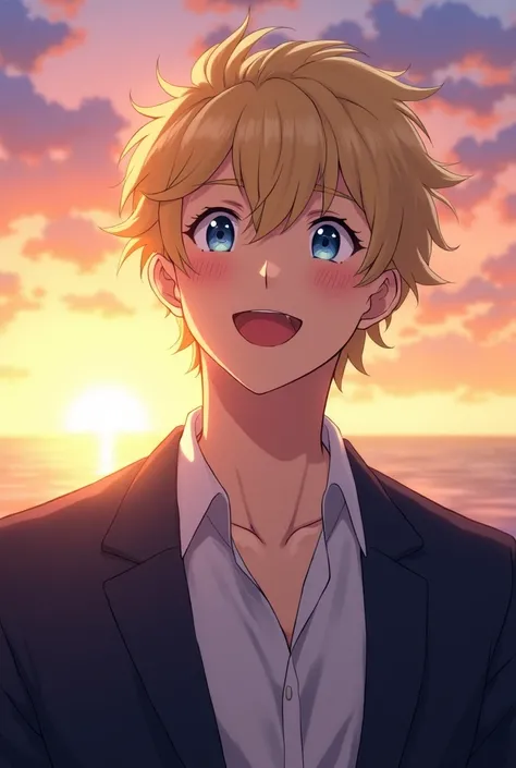 A kind man who is very loving and sweet. He has light blonde curly hair. He has innocent light blue eyes. He is wearing a dark blue suit. He is smiling widely and sweetly. A pink blush creeped on his cheeks. There is beautiful sunset behind him. The art st...