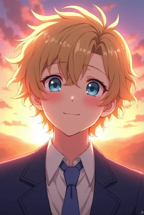 A kind man who is very loving and sweet. He has light blonde curly hair. He has innocent light blue eyes. He is wearing a dark blue suit. He is smiling widely and sweetly. A pink blush creeped on his cheeks. There is beautiful sunset behind him. The art st...