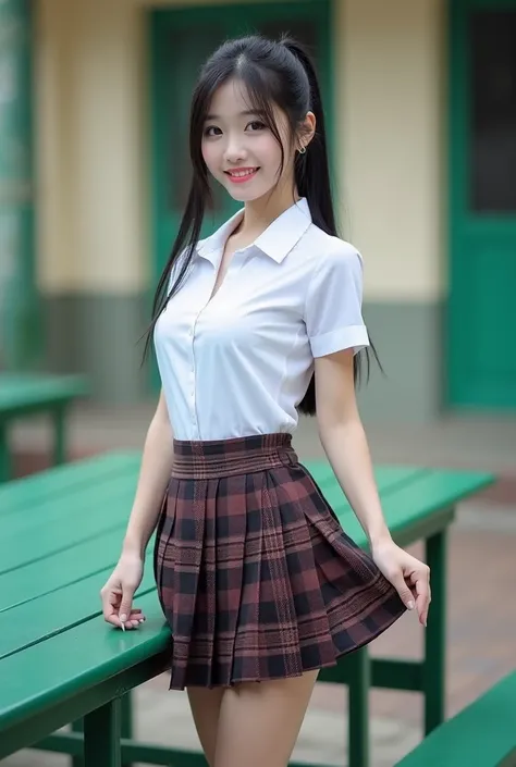 Real photos High-quality Realistic of thai woman, Beautiful girl (((large breast , big breast , nsfw))) , Best Quality, 20 years old thai girl in a school uniform astanding near a green metal table,  She is wearing a white shirt(((large breast , big breast...