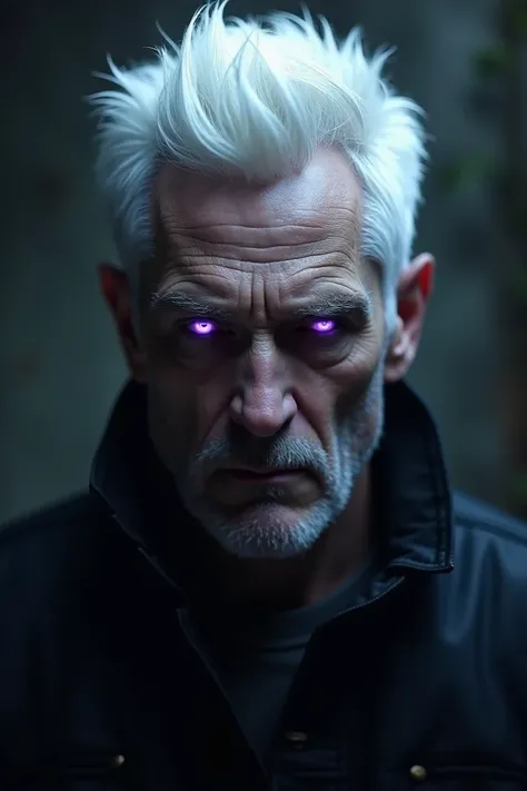 A man 
White hair 
Purple devil eyes