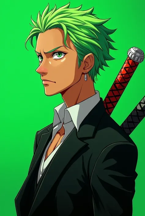 an acrylic portrait of zoro from one piece against a green background, the background does not have any details just a single color, the portrait is a side profile of zoro dressed in modern fashion that is in 2d illustration the portrait of zoro have some ...