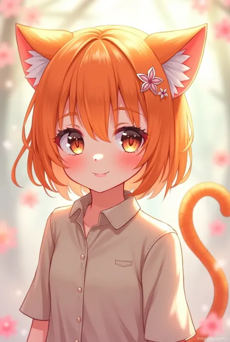 Beautiful anime loli with orange hair and cat ears showing their tail