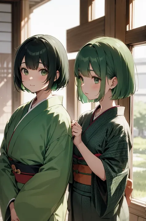 Green Hair、 short hair、Bob、bow、seiza、kimono