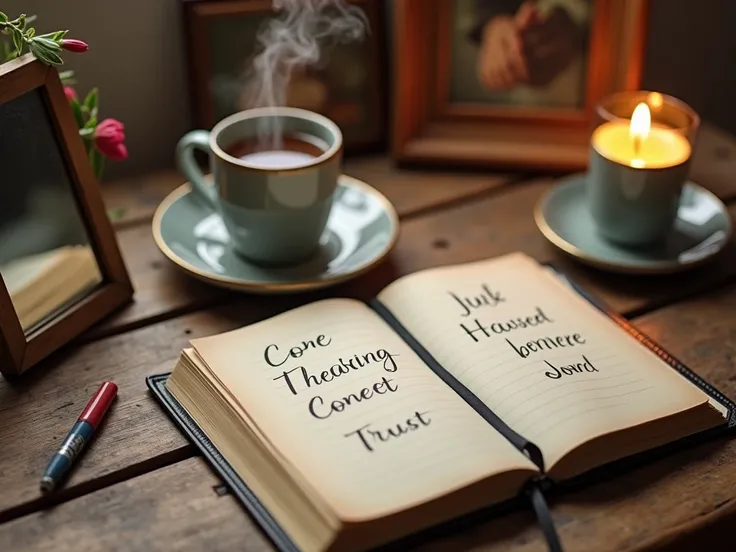 A symbolic scene depicting overcoming social phobia. On a rustic wooden table, an open journal is written with phrases such as “Breathe,” “Connect,” and “Trust.” Next to it, a steaming cup of tea symbolizes calm and a moment of pause. A small mirror reflec...