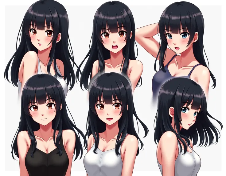 Various poses of women. Cute, stubborn, and evil-looking women with black hair and bangs.