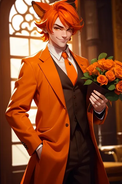 Perfect face. Perfect hands. A friendly orange haired man with orange eyes with orange fox ears and an orange fox tail in a Gothic brown suit is smiling while holding orange roses in a Gothic ballroom