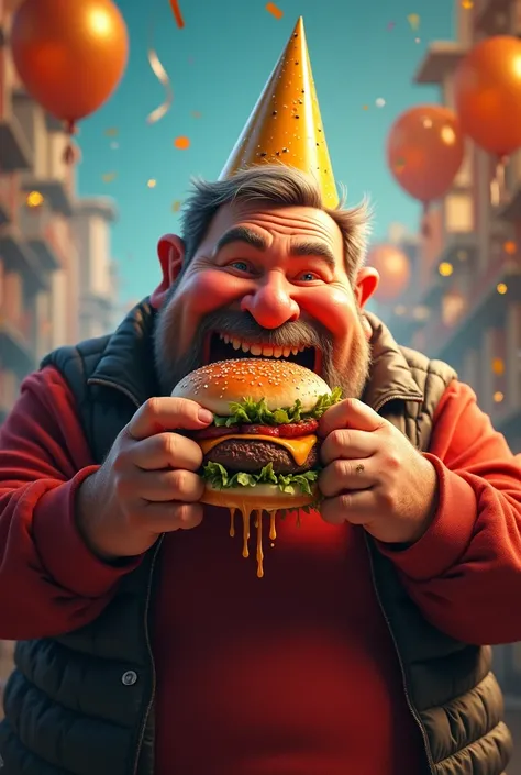 show me a fat man saying happy new year while eating a big burger looking at me