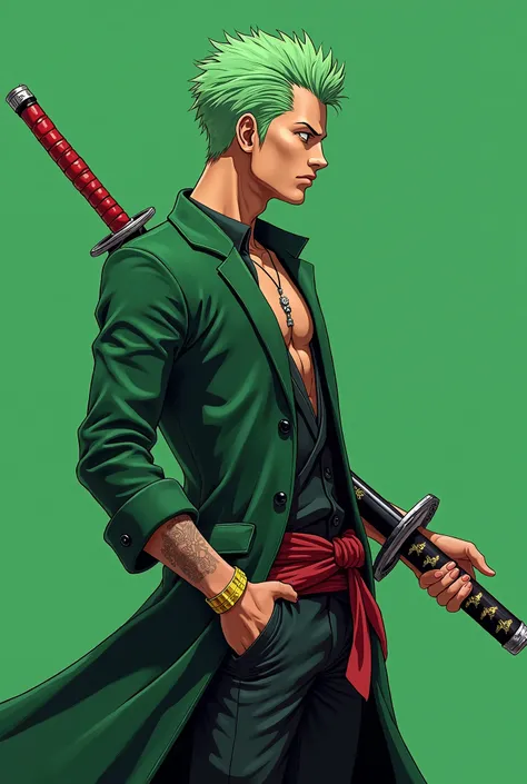 an acrylic portrait of zoro from one piece against a green background, the background does not have any details just a single color, the portrait is a side profile of zoro dressed in modern fashion that is in 2d illustration the portrait of zoro have some ...