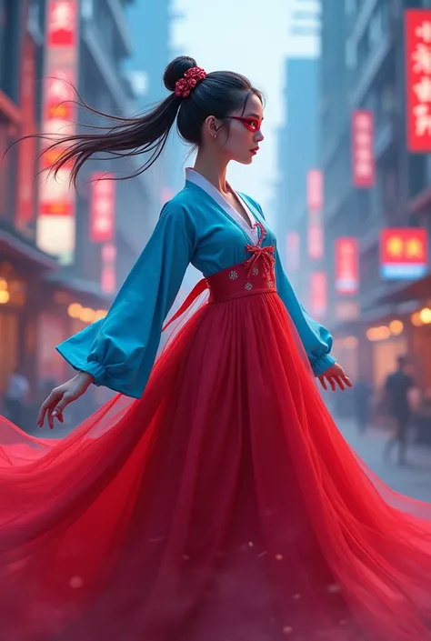 Korean Hanbok with red and blue combination, Korean city, Spider-Man mask