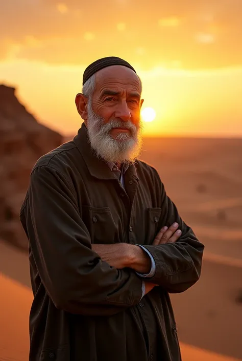 A weary Jew poses for professional photography in the Sahara desert, sunset, gold hour