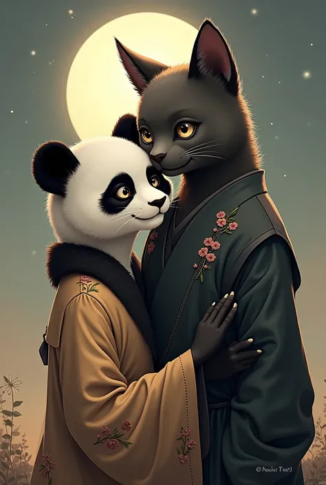 femme panda, avec un pelage doux et blanc aux tâches noires distinctes. Elle a des yeux expressifs et un sourire doux, portant une tenue inspirée de la nature, peut-être un kimono léger aux motifs floraux. Elle enlace tendrement un homme chat, qui a des or...