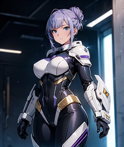 The protagonist of a new special effects drama、Space Sheriff Jasmine、17-year-old female、bun hair, shortcut hair, silver purple hair, Wearing a combat suit like Space Sheriff Gavan、Combat suits are protected by titanium、The combat suit is very tight and hug...