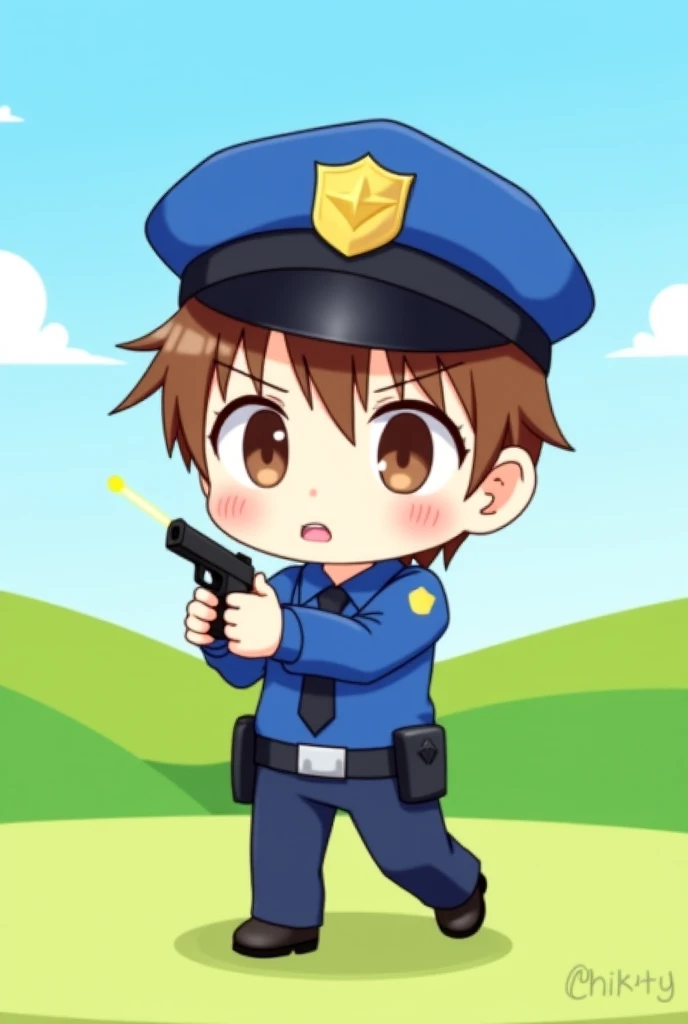 An adorable chibi-style police officer in a dynamic action pose, wearing a classic blue police uniform with a cap and badge, holding a small handgun aimed forward. The background is a vibrant, cartoonish outdoor scene with rolling green hills and a bright ...