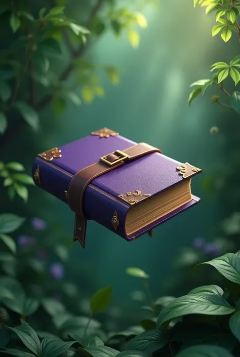  A realistic green flag in the background with a book in the foreground with gold details, closed with purple covers and wide leather straps .   I dont want anything else to appear , not a table or anything .  The book must be floating in the middle of the...