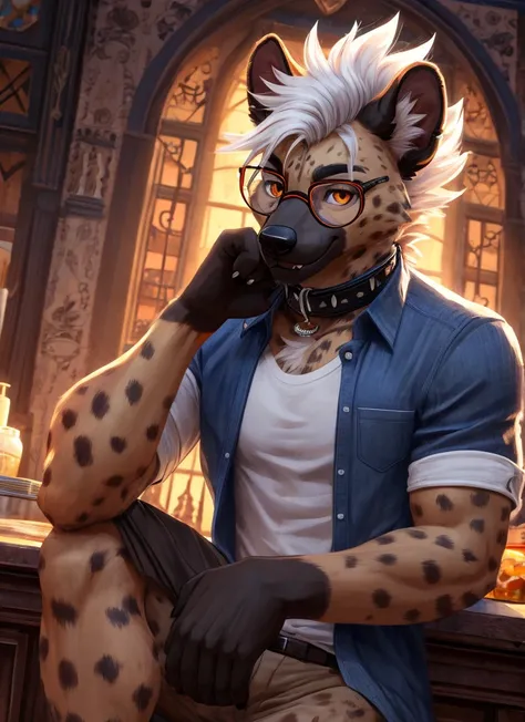 ((Ultra High Quality)), ((masterpiece)), ((Ultra detailed)), ((4k)).

Solo , Anthro , Hyena , Handsome Anthro Hyena , Light  Orange Hyena , Light Orange Fur , White Hair  , Handsone , Good Looking , Orange Eyes ,(Eyes Details), Glasses , Adult Ages  , Casu...