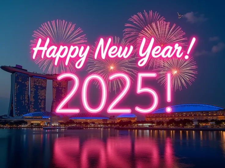 poster with the slogans words Happy New Year! 2025! in colourful neon colours. featuring fireworks in the Singapore skyline, a peace dove flying in the sky, and love symbols, cinematography style, intricate textures, and high resolution (32k). photographic...