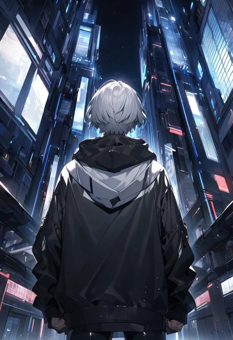  handsome, Alone, 1 male,  short hair, shiny silver hair ,   black oversized hoodie,   futuristic building,Night Sky,building, back view