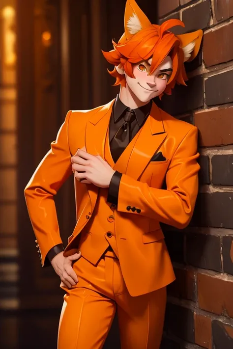 Perfect face. Perfect hands. A friendly orange haired man with orange eyes with orange fox ears and an orange fox tail in a Gothic brown suit is smiling while leaning against a wall in a Gothic ballroom