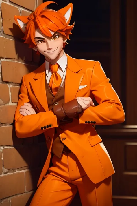 Perfect face. Perfect hands. A friendly orange haired man with orange eyes with orange fox ears and an orange fox tail in a Gothic brown suit is smiling while leaning against a wall in a Gothic ballroom