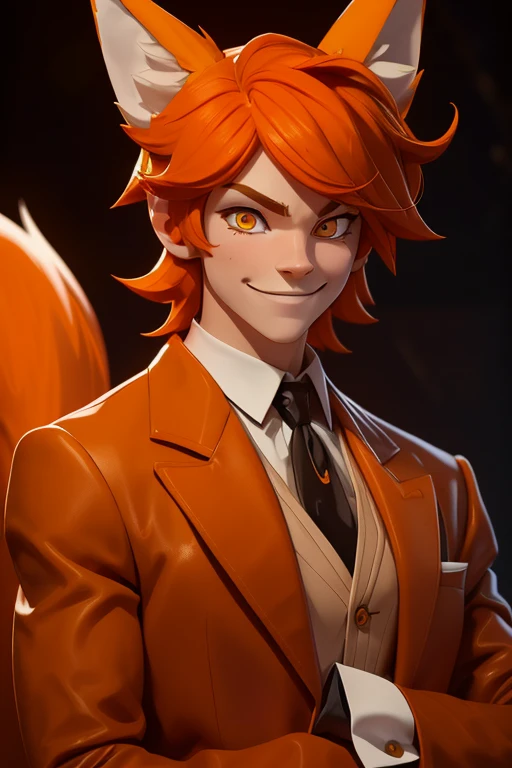 Perfect face. Perfect hands. A friendly orange haired man with orange eyes with orange fox ears and an orange fox tail in a Gothic brown suit is smiling while leaning against a wall in a Gothic ballroom