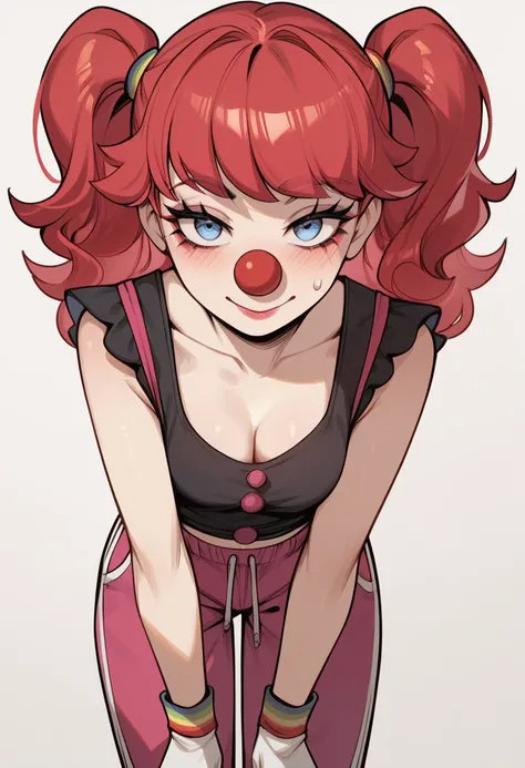 1female clown, naughty girl: (seductive and naughty expression), (leaning forward), hand on private part, sweatpants, clown nose, twin tails
BREAK
score_9, score_8_up, score_7_up, score_6_up, score_5_up, score_4_up, high res
