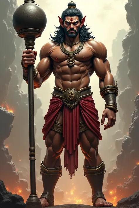 A towering tall hyper muscular lord hanuman holding their massive gada handle like iron rod and top part like  round  in one hand and face like monkey and human mix and body like human super muscular