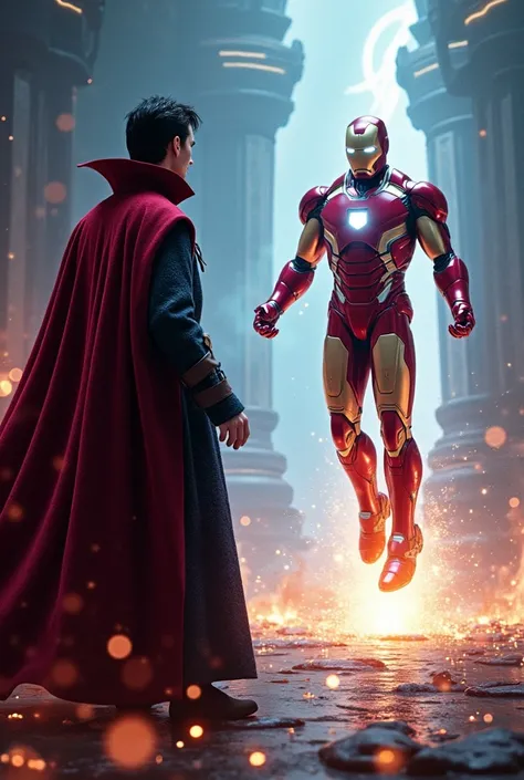 An image of doctor strange and iron man stand opposite to each other 