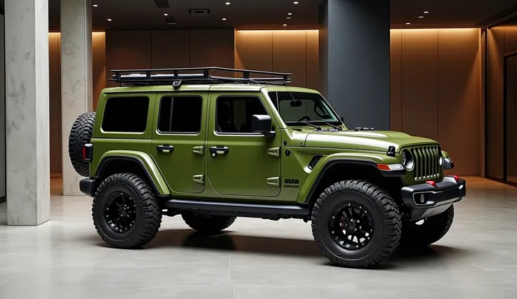 2025 Jeep Wrangler 4x4 olive green car left side in modern showroom 