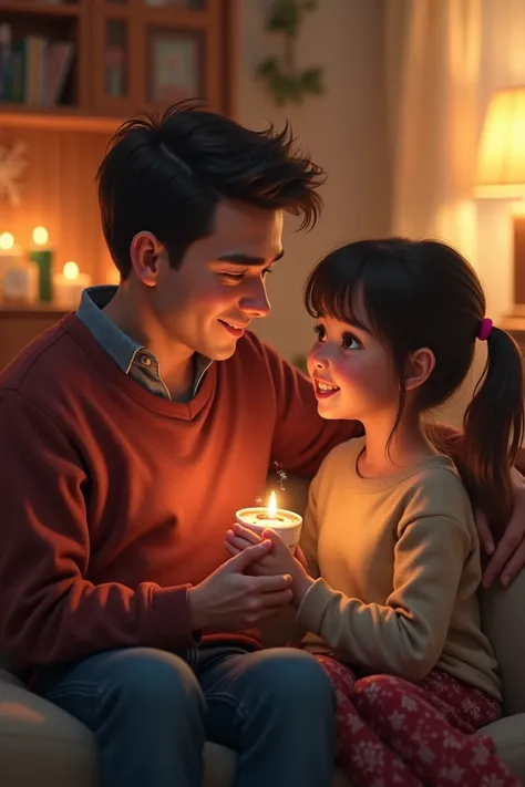 Create a young father with his teen daughter where daughter is wishing him happy new year with a beautiful message 