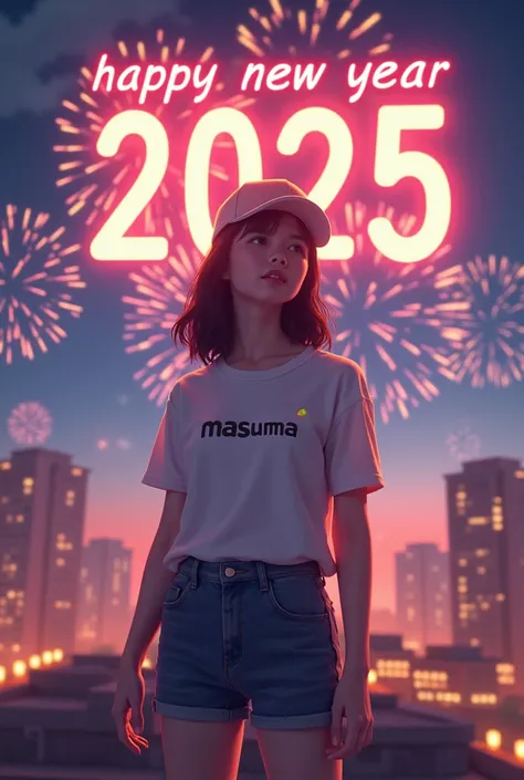 "A young woman standing on a rooftop, wearing a white T-shirt with the text Masuma written on it. She is wearing a cap and looking up at the sky. Colorful fireworks are bursting all around. The text HAPPY NEW YEAR 2025 is glowing brightly in the sky. The s...