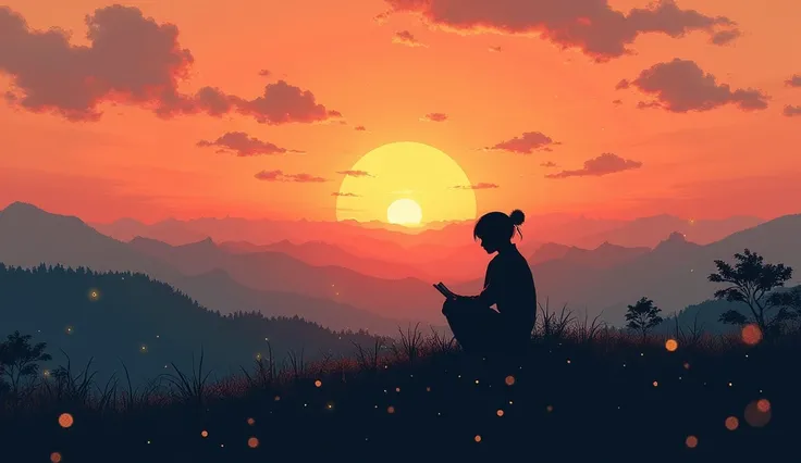 The scene features a serene, melancholic sunset over a vast horizon, blending soft hues of orange, crimson, and indigo. A lone figure sits on a grassy hill, silhouetted against the fading light, holding a small notebook or sketchpad. The background include...