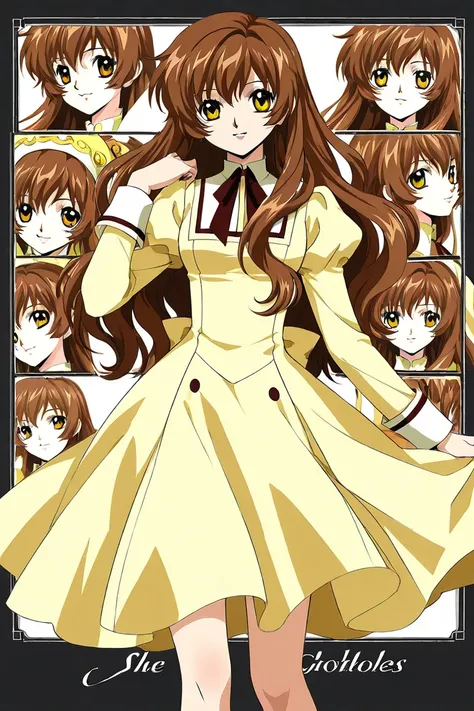 A girl that is an student. She has long wavy Brown hair with shiny golden eyes with a yellow dress uniform. Collage character sketch different facial expressions. Clamp Tsubasa chronicles art style. 